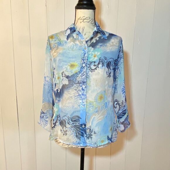 Nicola Sheer Floral Blue 3/4 Sleeves Top (Size Medium) - Picture 1 of 6